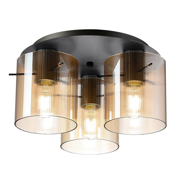 Belstone Fine Ribbed Triple Flush Round Ceiling Light in Dark Grey with Amber Glass