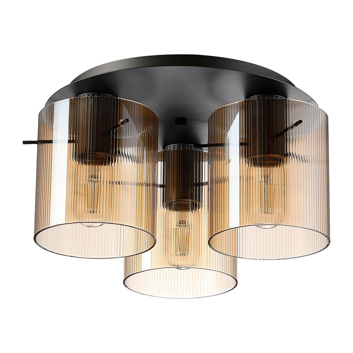 Belstone Fine Ribbed Triple Flush Round Ceiling Light in Dark Grey with Amber Glass