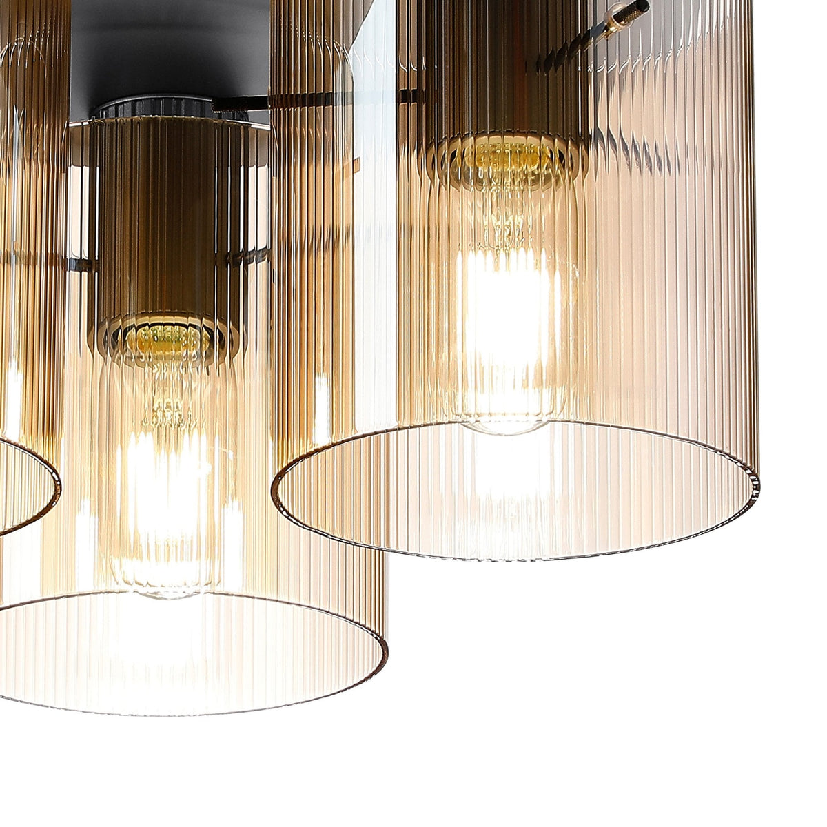Belstone Fine Ribbed Triple Flush Round Ceiling Light in Dark Grey with Amber Glass