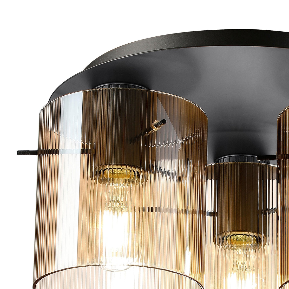 Belstone Fine Ribbed Triple Flush Round Ceiling Light in Dark Grey with Amber Glass
