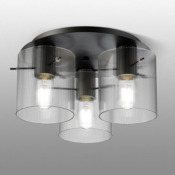 Belstone Fine Ribbed Triple Flush Round Ceiling Light in Dark Grey with Clear Glass