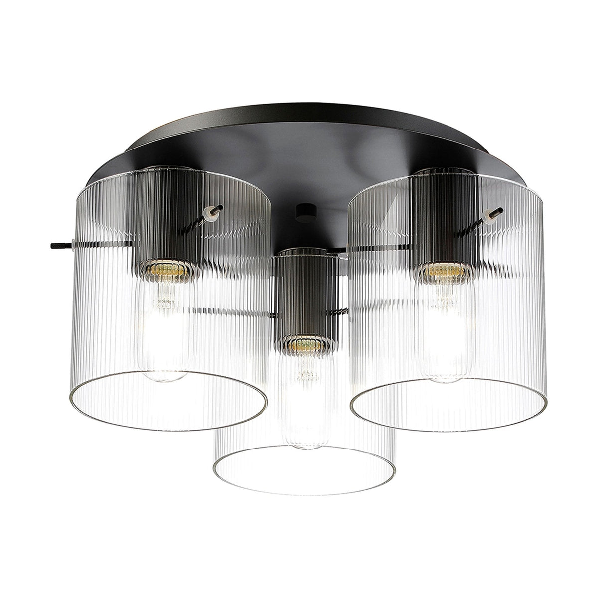 Belstone Fine Ribbed Triple Flush Round Ceiling Light in Dark Grey with Clear Glass