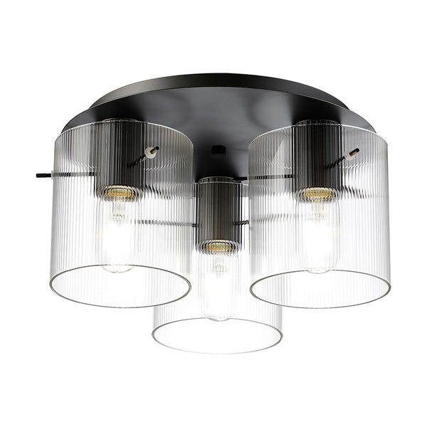 Belstone Fine Ribbed Triple Flush Round Ceiling Light in Dark Grey with Clear Glass