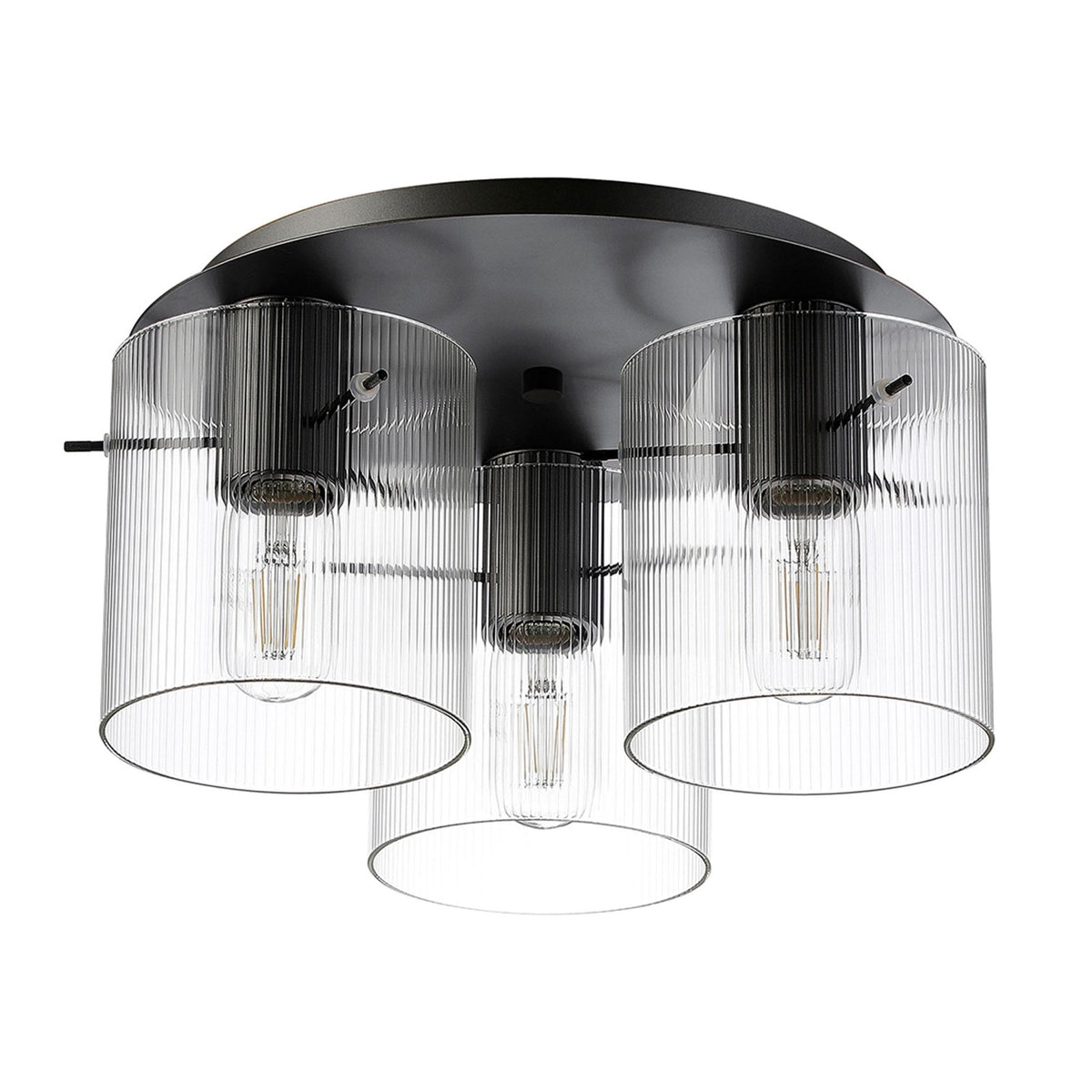 Belstone Fine Ribbed Triple Flush Round Ceiling Light in Dark Grey with Clear Glass