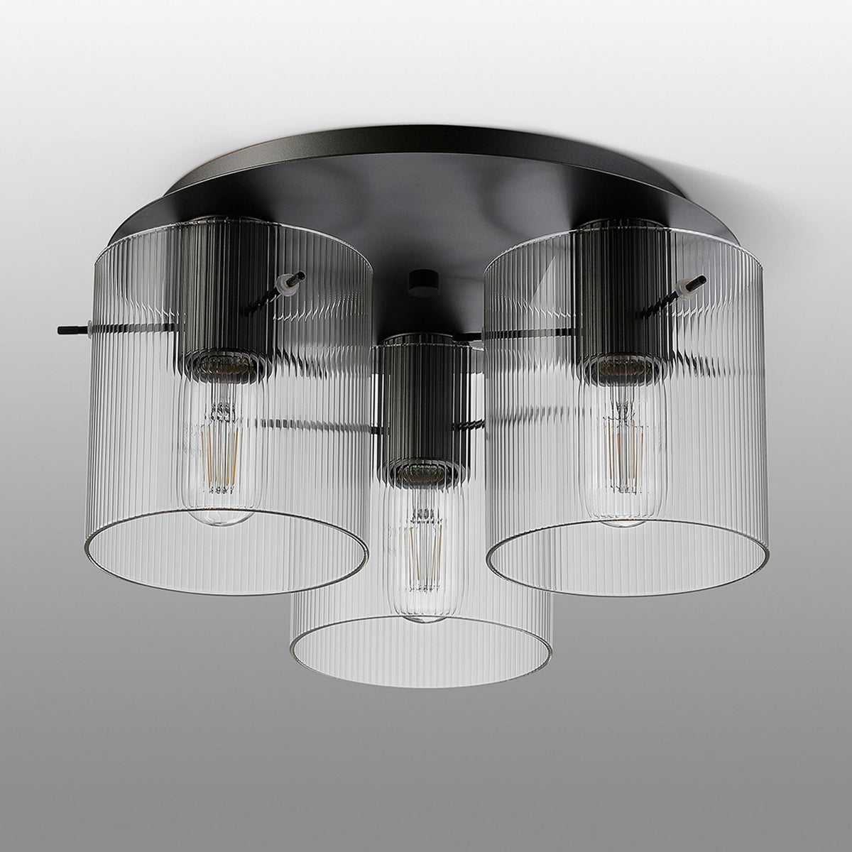Belstone Fine Ribbed Triple Flush Round Ceiling Light in Dark Grey with Clear Glass