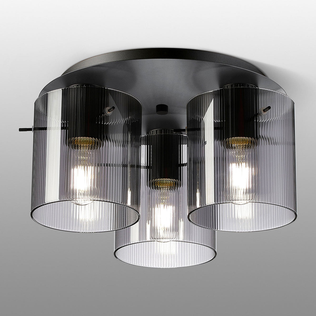 Belstone Fine Ribbed Triple Flush Round Ceiling Light in Dark Grey with Smoke Glass