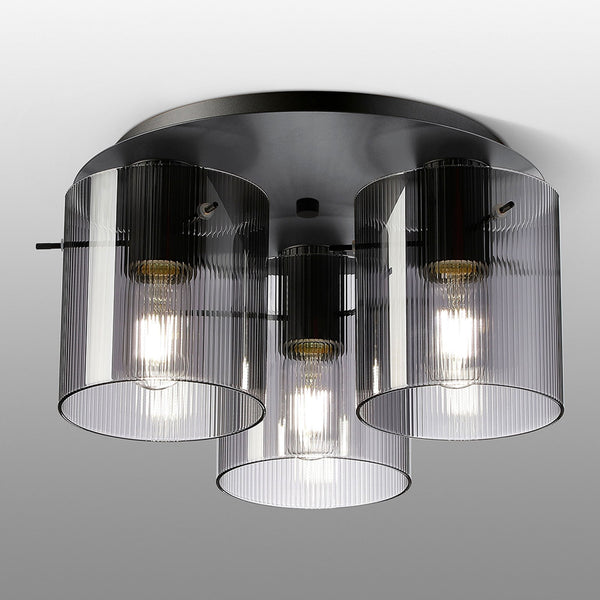 Belstone Fine Ribbed Triple Flush Round Ceiling Light in Dark Grey with Smoke Glass