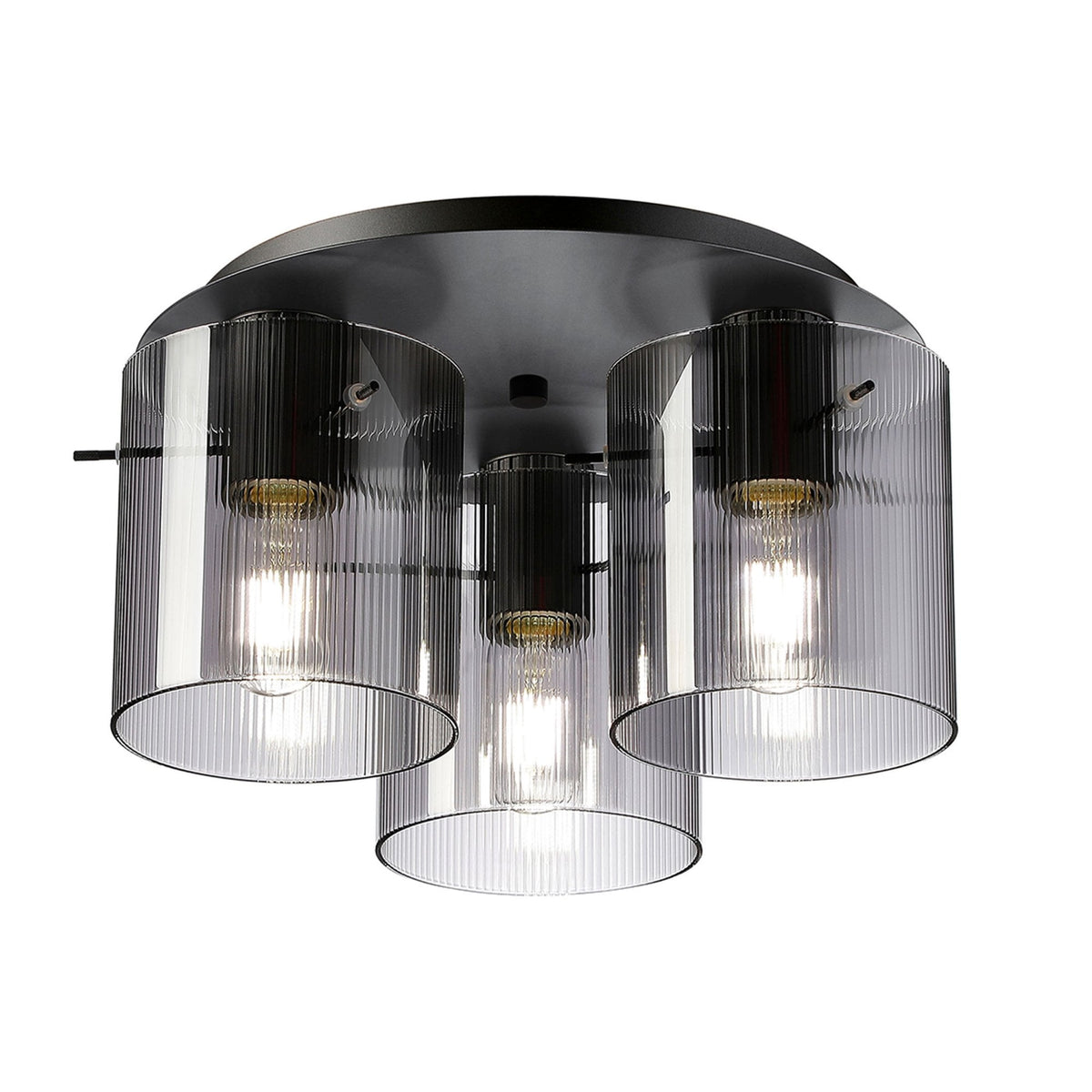 Belstone Fine Ribbed Triple Flush Round Ceiling Light in Dark Grey with Smoke Glass