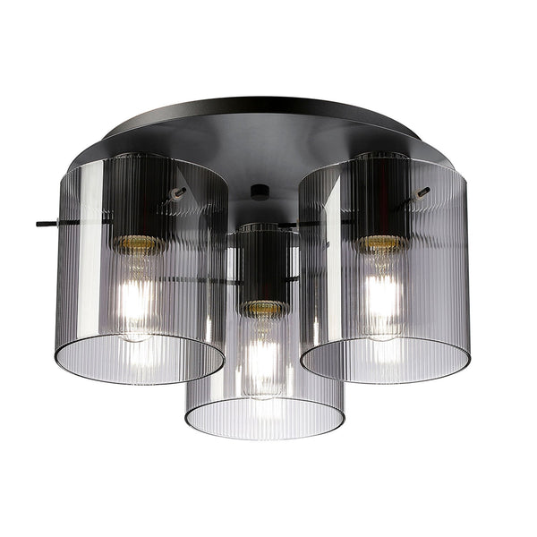 Belstone Fine Ribbed Triple Flush Round Ceiling Light in Dark Grey with Smoke Glass