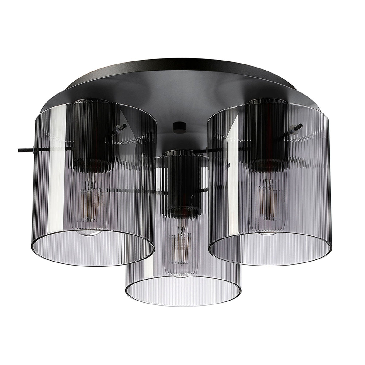 Belstone Fine Ribbed Triple Flush Round Ceiling Light in Dark Grey with Smoke Glass