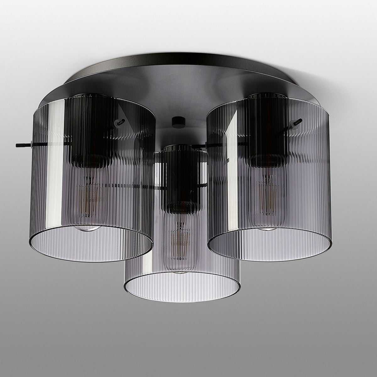 Belstone Fine Ribbed Triple Flush Round Ceiling Light in Dark Grey with Smoke Glass