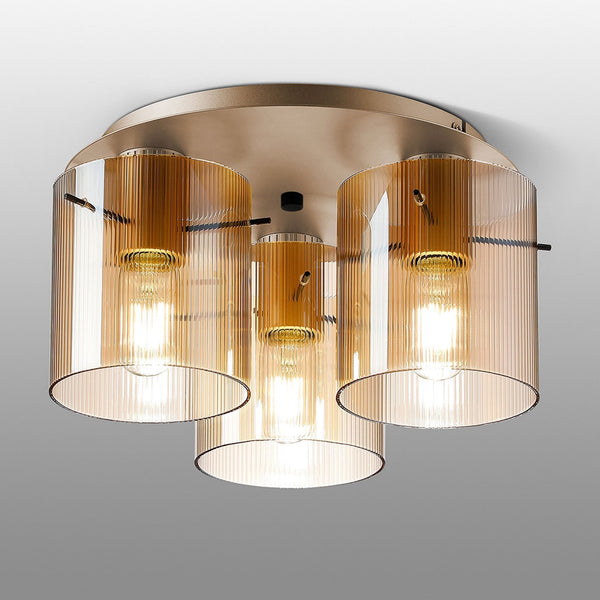 Belstone Fine Ribbed Triple Flush Round Ceiling Light in Light Gold with Amber Glass