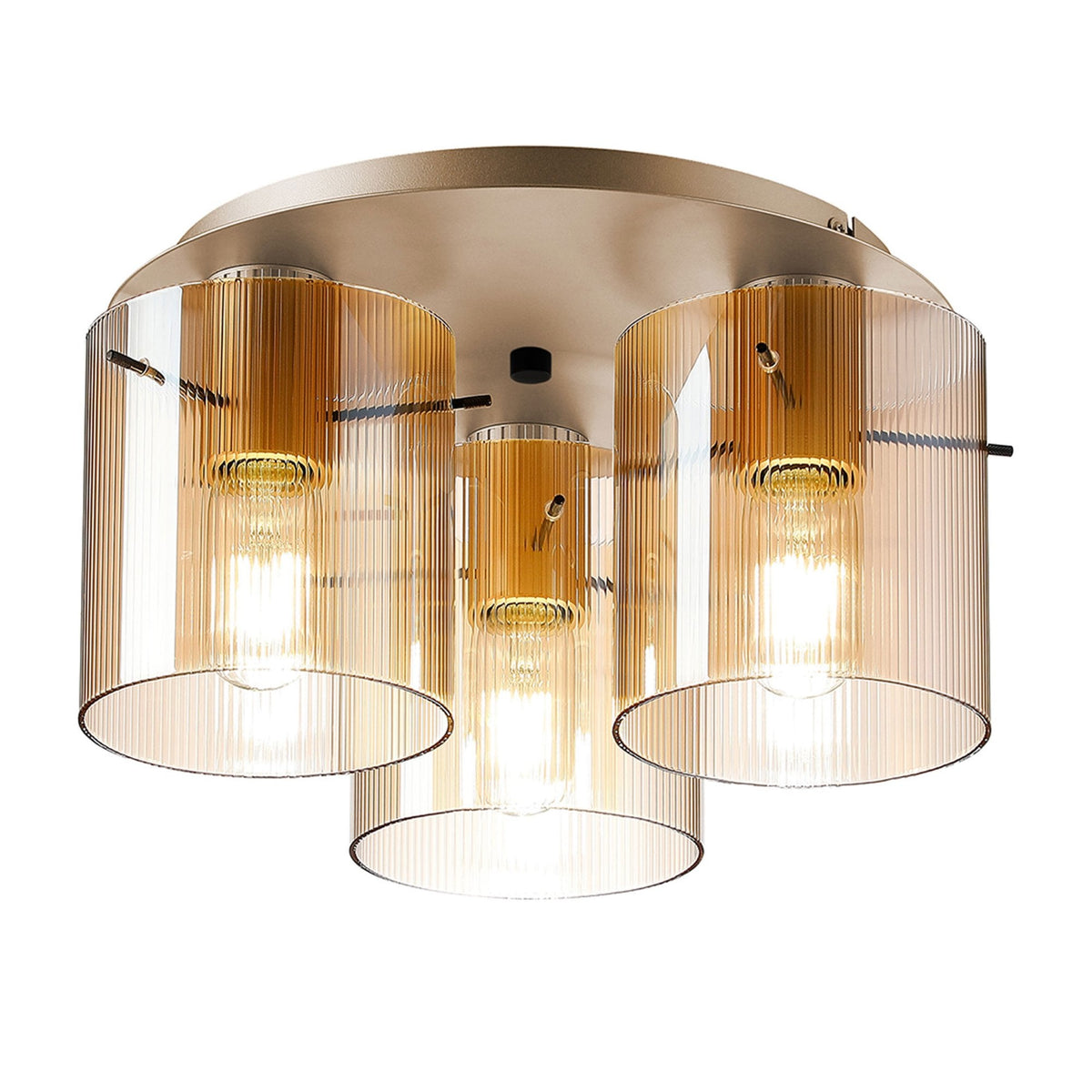 Belstone Fine Ribbed Triple Flush Round Ceiling Light in Light Gold with Amber Glass