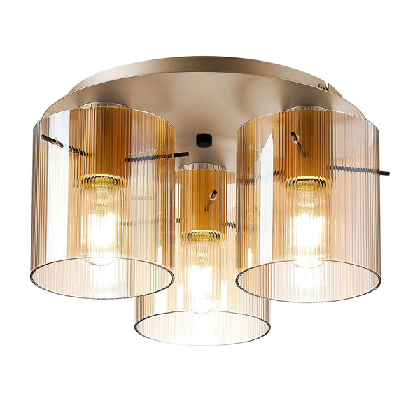 Belstone Fine Ribbed Triple Flush Round Ceiling Light in Light Gold with Amber Glass