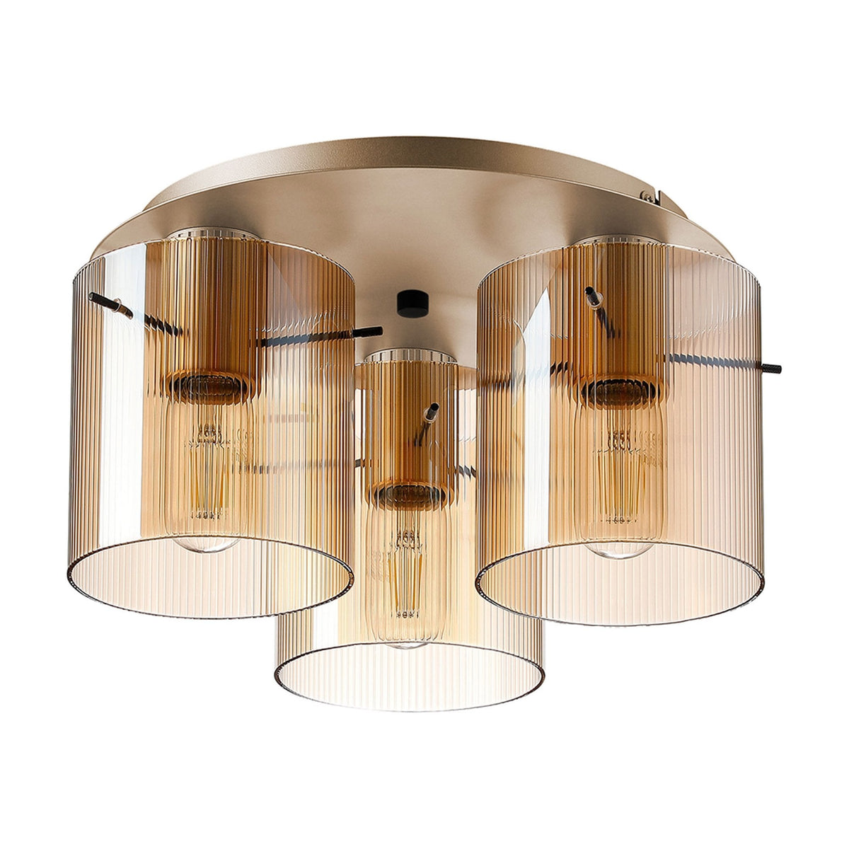 Belstone Fine Ribbed Triple Flush Round Ceiling Light in Light Gold with Amber Glass