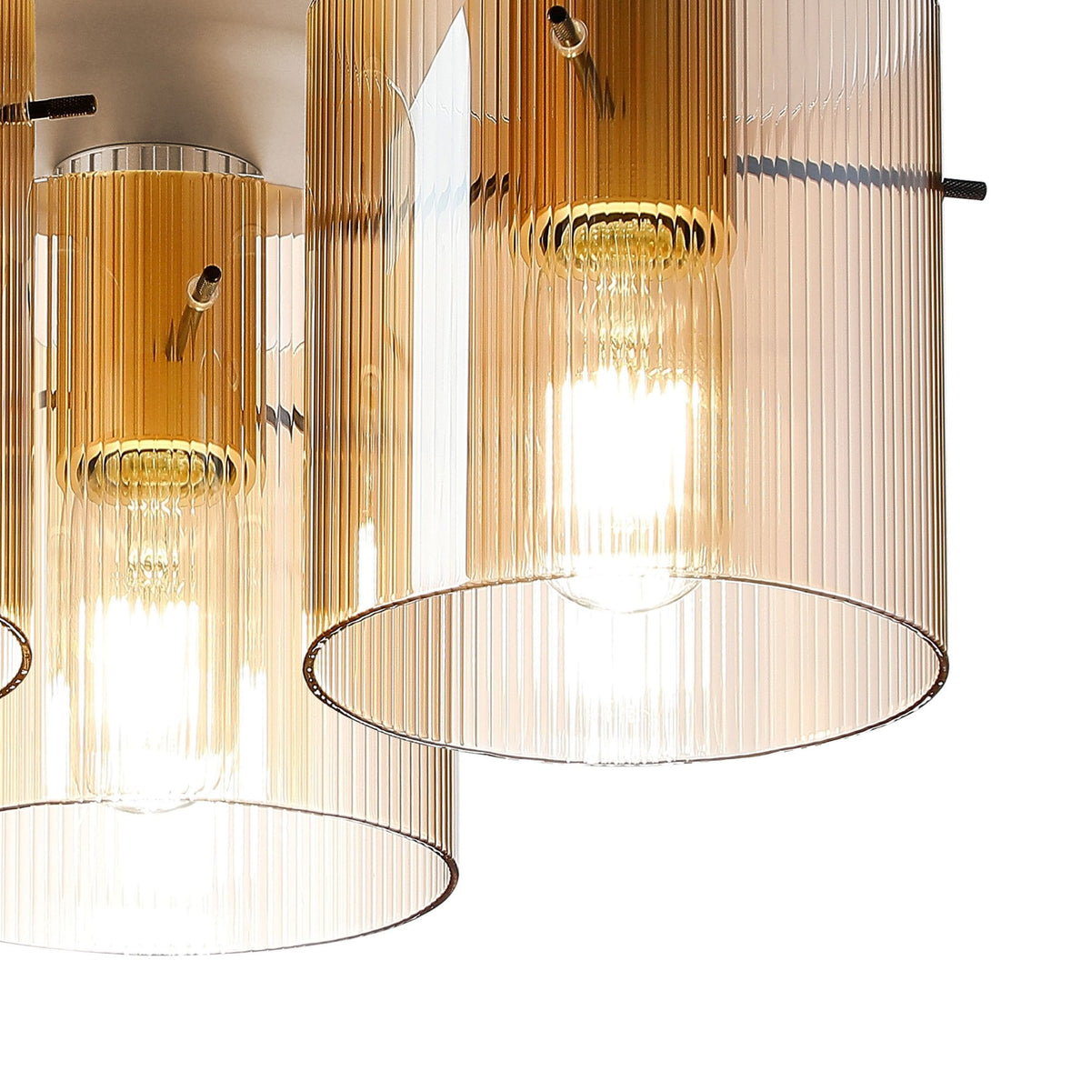 Belstone Fine Ribbed Triple Flush Round Ceiling Light in Light Gold with Amber Glass