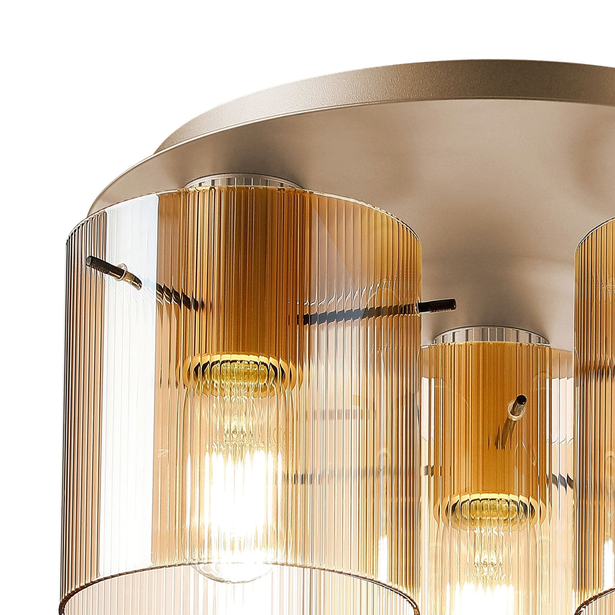 Belstone Fine Ribbed Triple Flush Round Ceiling Light in Light Gold with Amber Glass