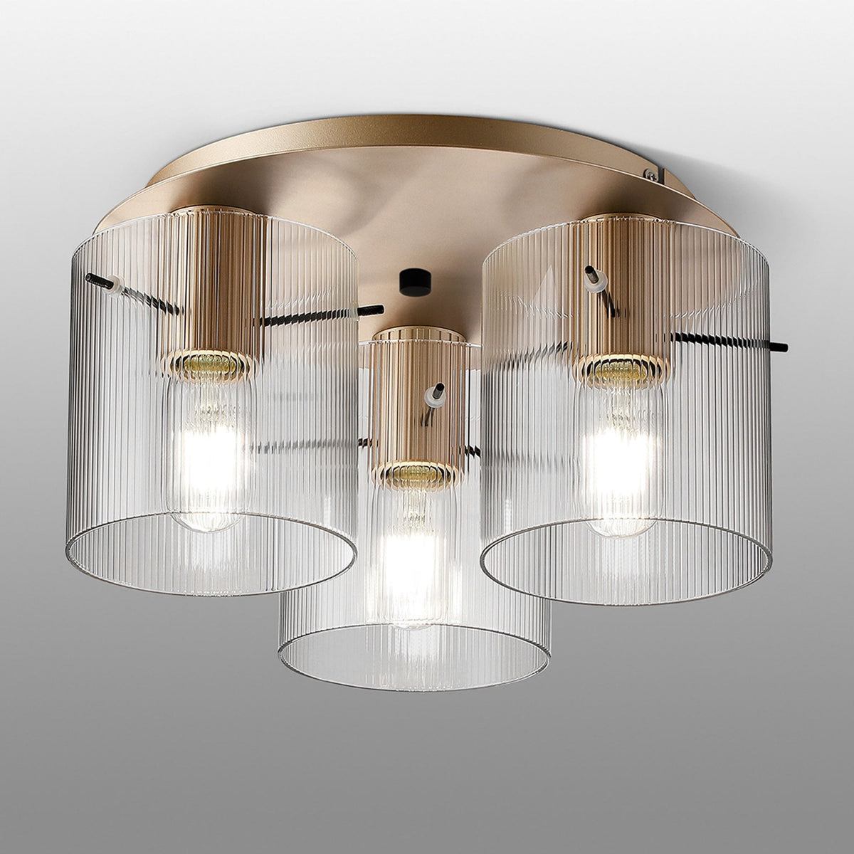 Belstone Fine Ribbed Triple Flush Round Ceiling Light in Light Gold with Clear Glass