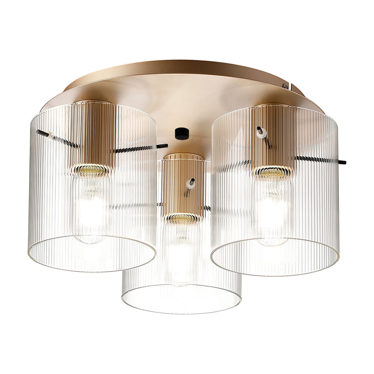Belstone Fine Ribbed Triple Flush Round Ceiling Light in Light Gold with Clear Glass