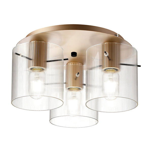 Belstone Fine Ribbed Triple Flush Round Ceiling Light in Light Gold with Clear Glass