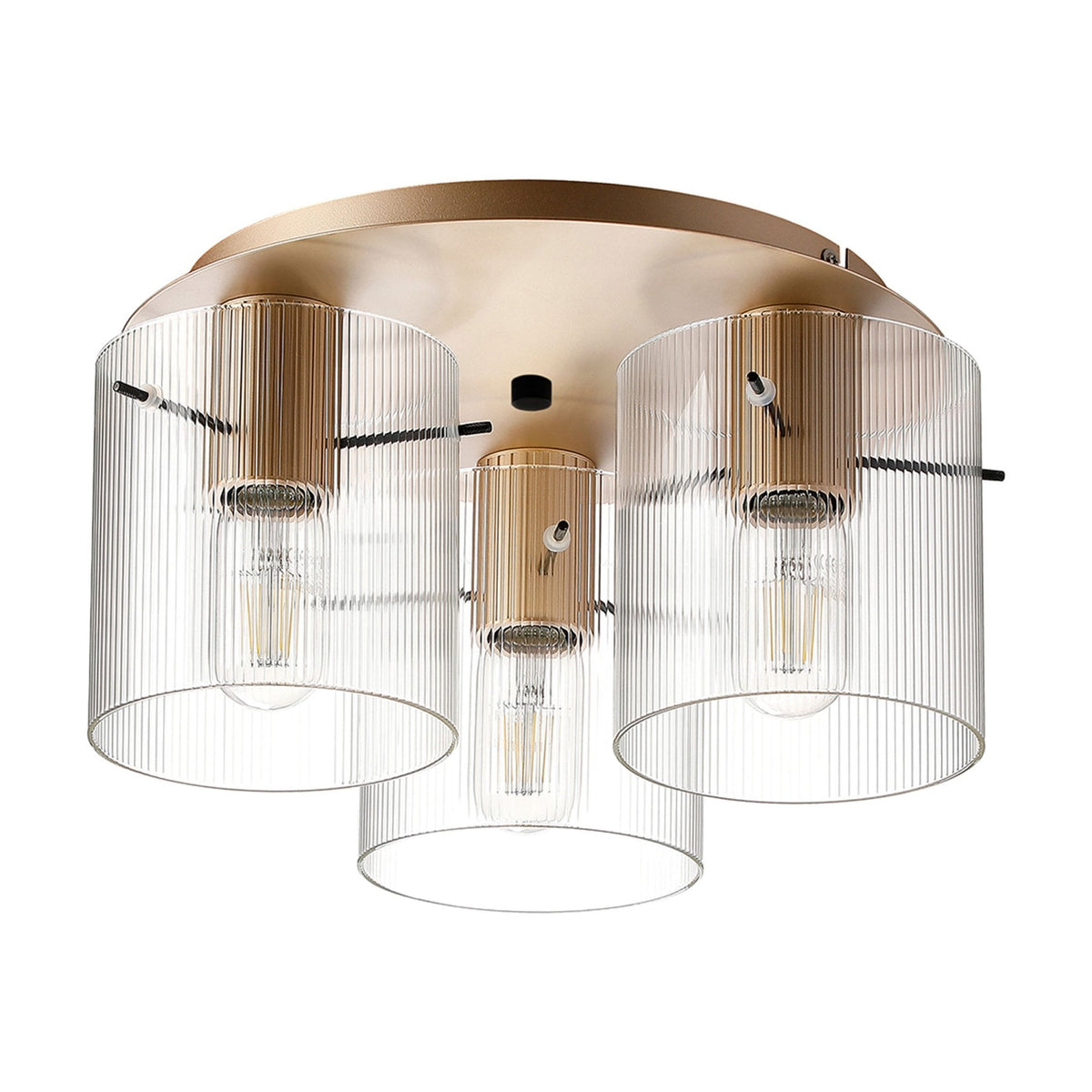 Belstone Fine Ribbed Triple Flush Round Ceiling Light in Light Gold with Clear Glass