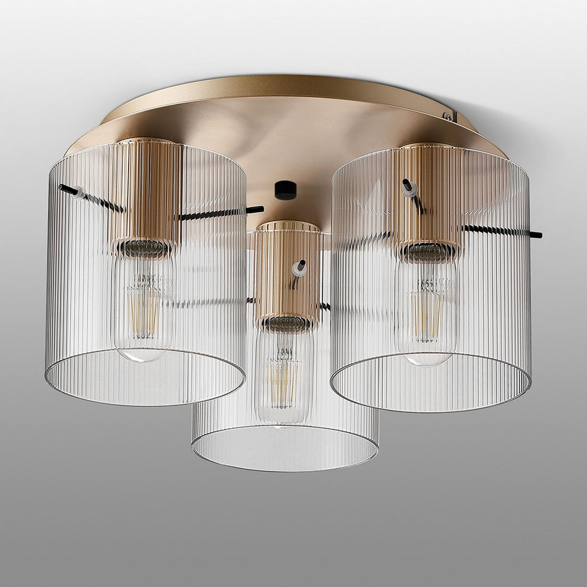 Belstone Fine Ribbed Triple Flush Round Ceiling Light in Light Gold with Clear Glass