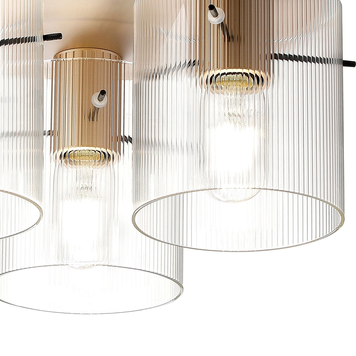 Belstone Fine Ribbed Triple Flush Round Ceiling Light in Light Gold with Clear Glass
