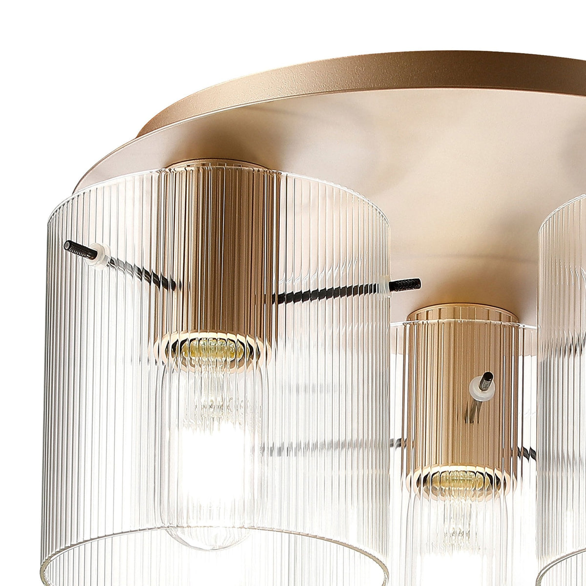 Belstone Fine Ribbed Triple Flush Round Ceiling Light in Light Gold with Clear Glass