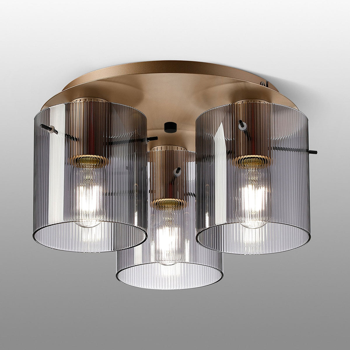 Belstone Fine Ribbed Triple Flush Round Ceiling Light in Light Gold with Smoke Glass