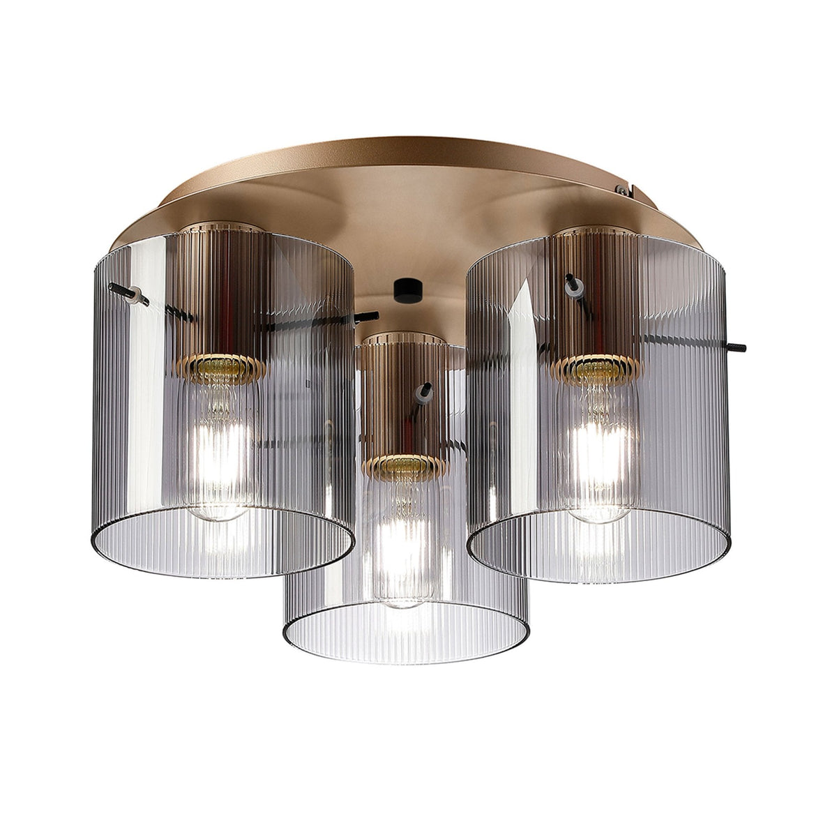 Belstone Fine Ribbed Triple Flush Round Ceiling Light in Light Gold with Smoke Glass