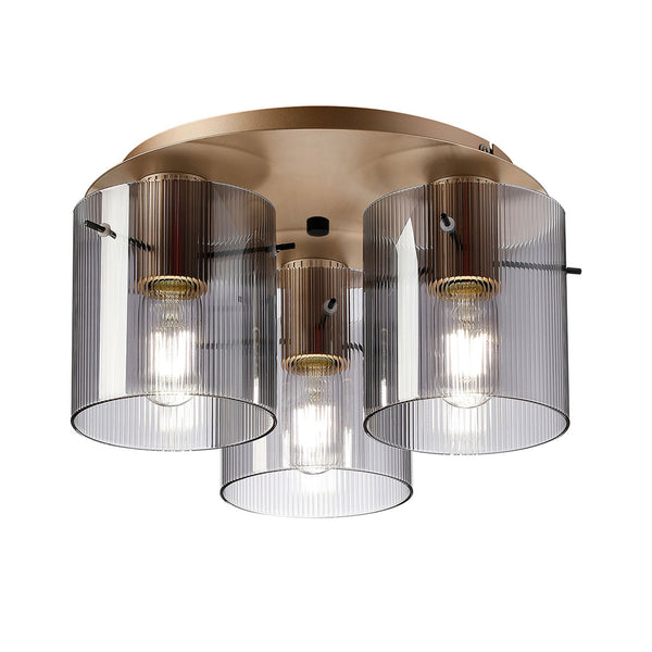 Belstone Fine Ribbed Triple Flush Round Ceiling Light in Light Gold with Smoke Glass