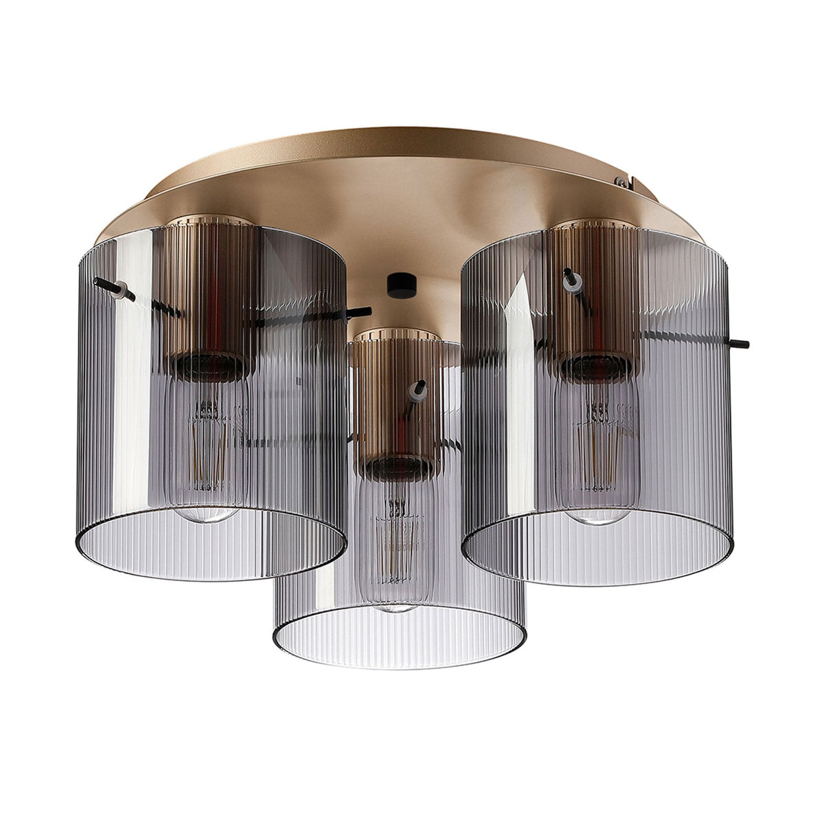 Belstone Fine Ribbed Triple Flush Round Ceiling Light in Light Gold with Smoke Glass