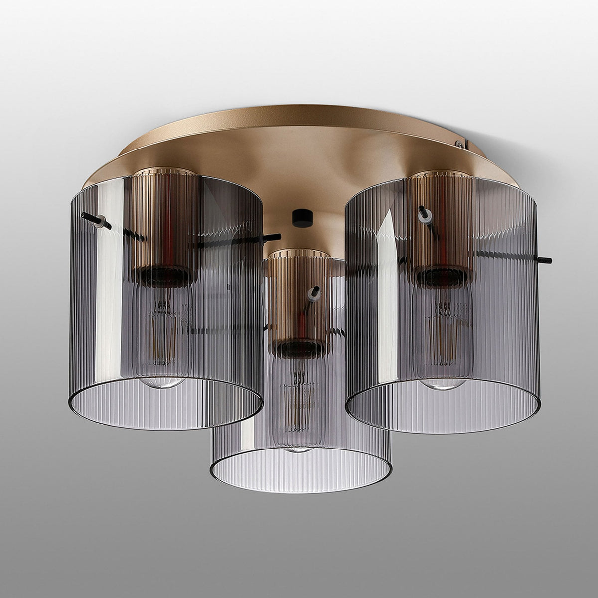 Belstone Fine Ribbed Triple Flush Round Ceiling Light in Light Gold with Smoke Glass
