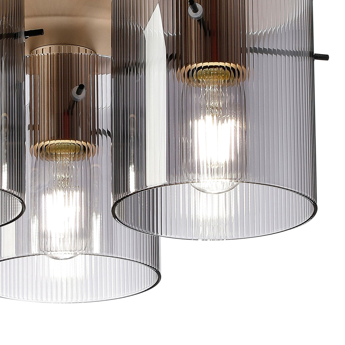 Belstone Fine Ribbed Triple Flush Round Ceiling Light in Light Gold with Smoke Glass