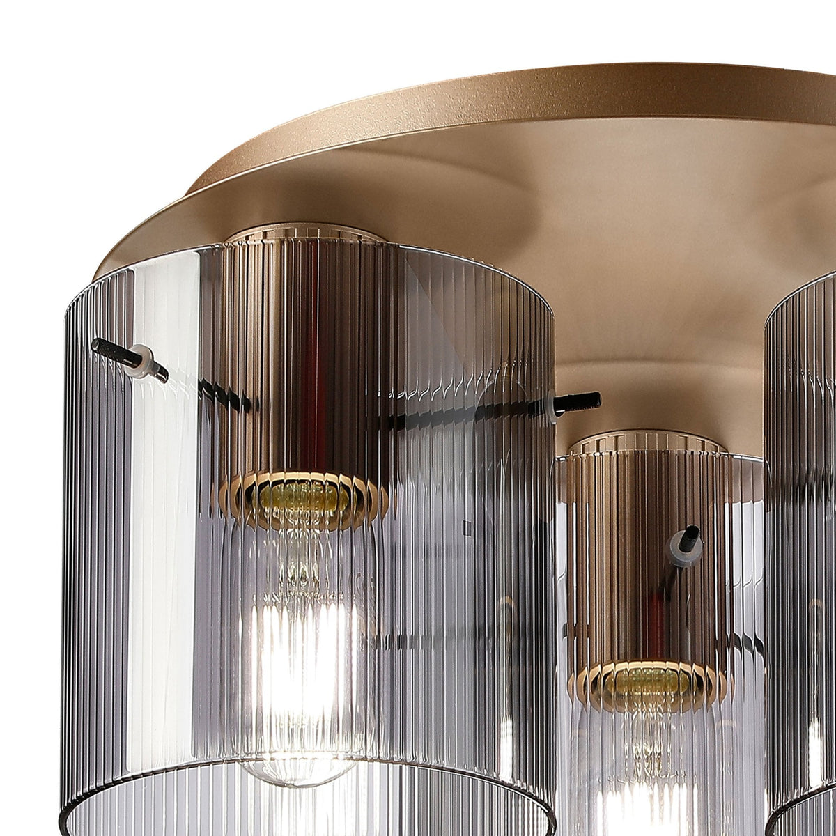 Belstone Fine Ribbed Triple Flush Round Ceiling Light in Light Gold with Smoke Glass
