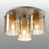 Belstone Wide Ribbed Triple Flush Round Ceiling Light in Beige Stone with Amber Glass