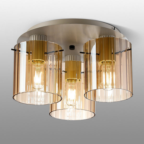 Belstone Wide Ribbed Triple Flush Round Ceiling Light in Beige Stone with Amber Glass