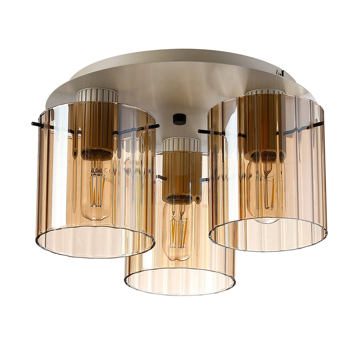 Belstone Wide Ribbed Triple Flush Round Ceiling Light in Beige Stone with Amber Glass