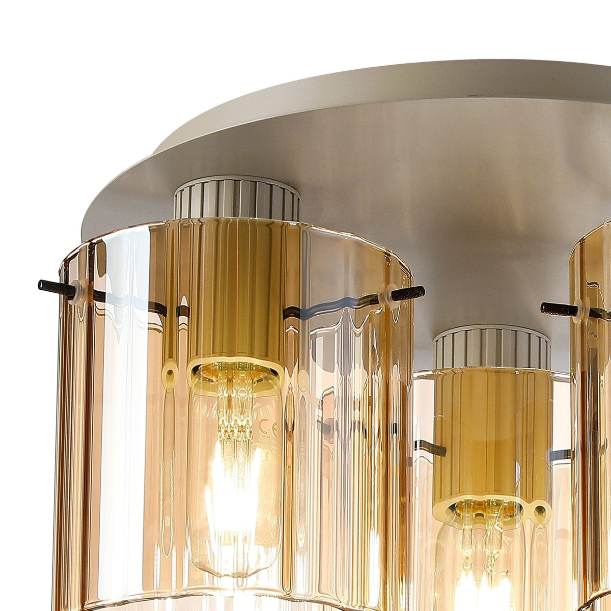 Belstone Wide Ribbed Triple Flush Round Ceiling Light in Beige Stone with Amber Glass