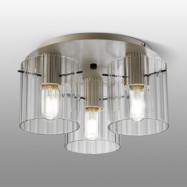 Belstone Wide Ribbed Triple Flush Round Ceiling Light in Beige Stone with Clear Glass