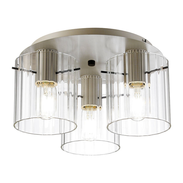 Belstone Wide Ribbed Triple Flush Round Ceiling Light in Beige Stone with Clear Glass