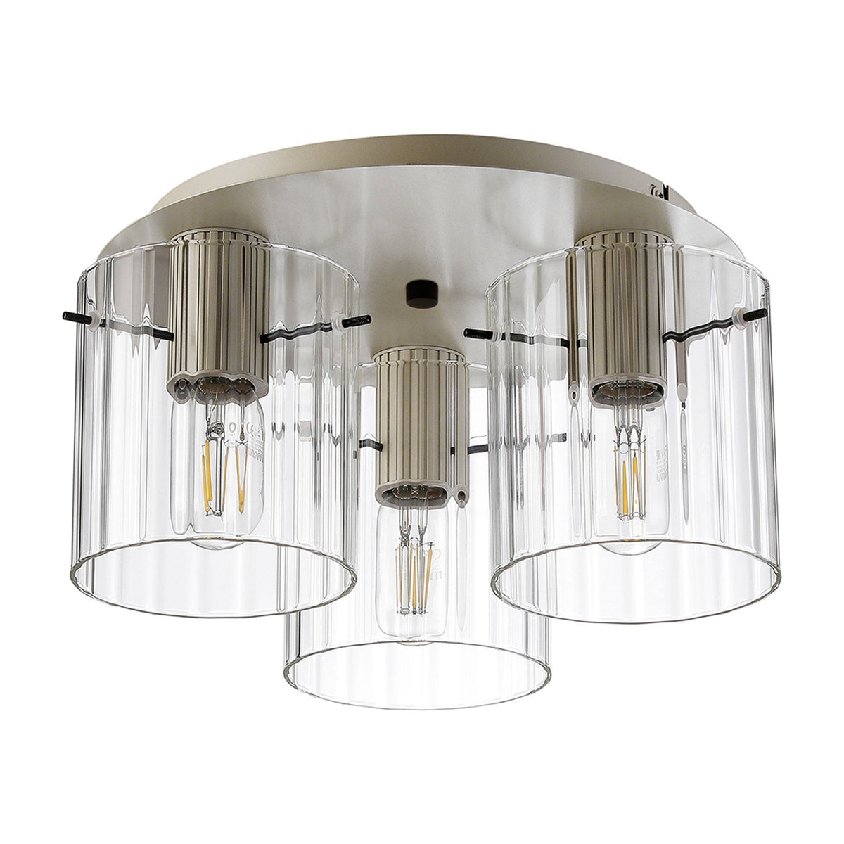 Belstone Wide Ribbed Triple Flush Round Ceiling Light in Beige Stone with Clear Glass