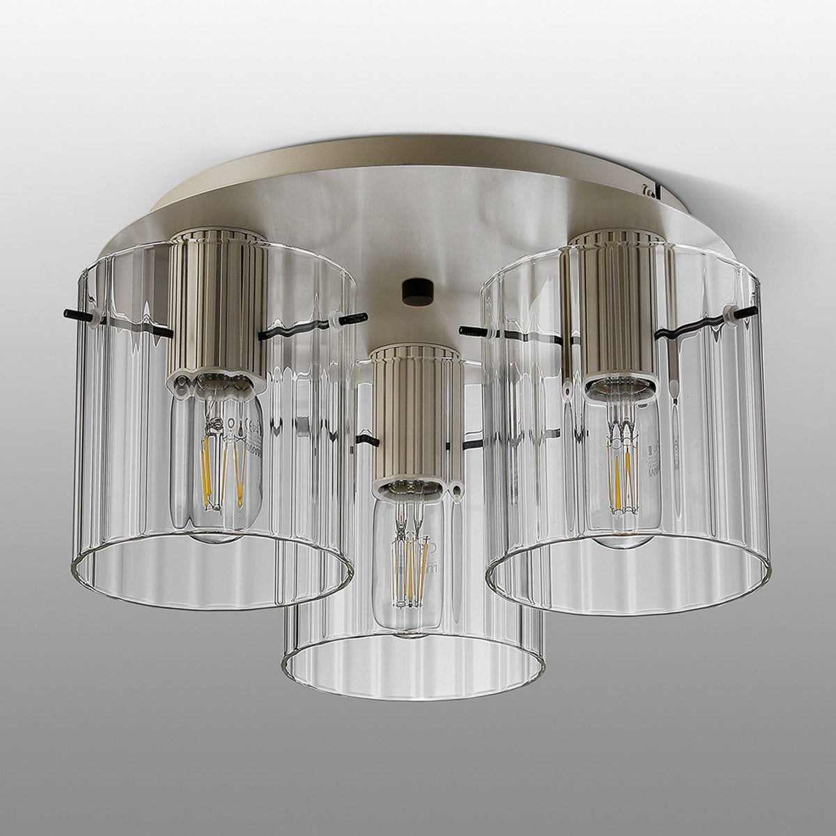 Belstone Wide Ribbed Triple Flush Round Ceiling Light in Beige Stone with Clear Glass