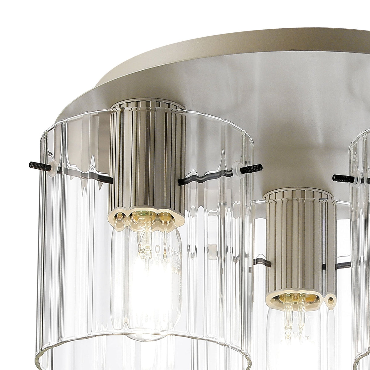 Belstone Wide Ribbed Triple Flush Round Ceiling Light in Beige Stone with Clear Glass