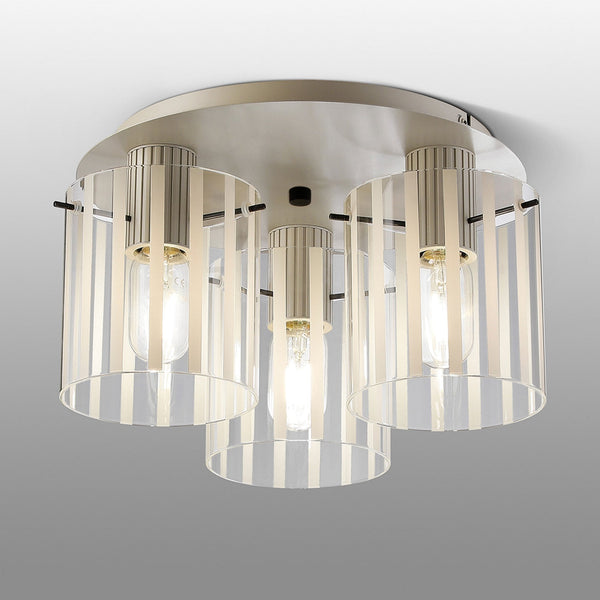 Belstone Wide Ribbed Triple Flush Round Ceiling Light in Beige Stone with Frosted & Clear Glass