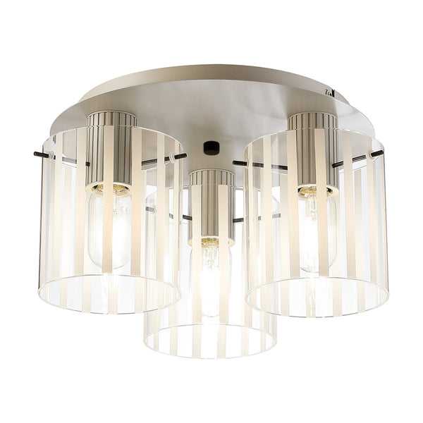 Belstone Wide Ribbed Triple Flush Round Ceiling Light in Beige Stone with Frosted & Clear Glass