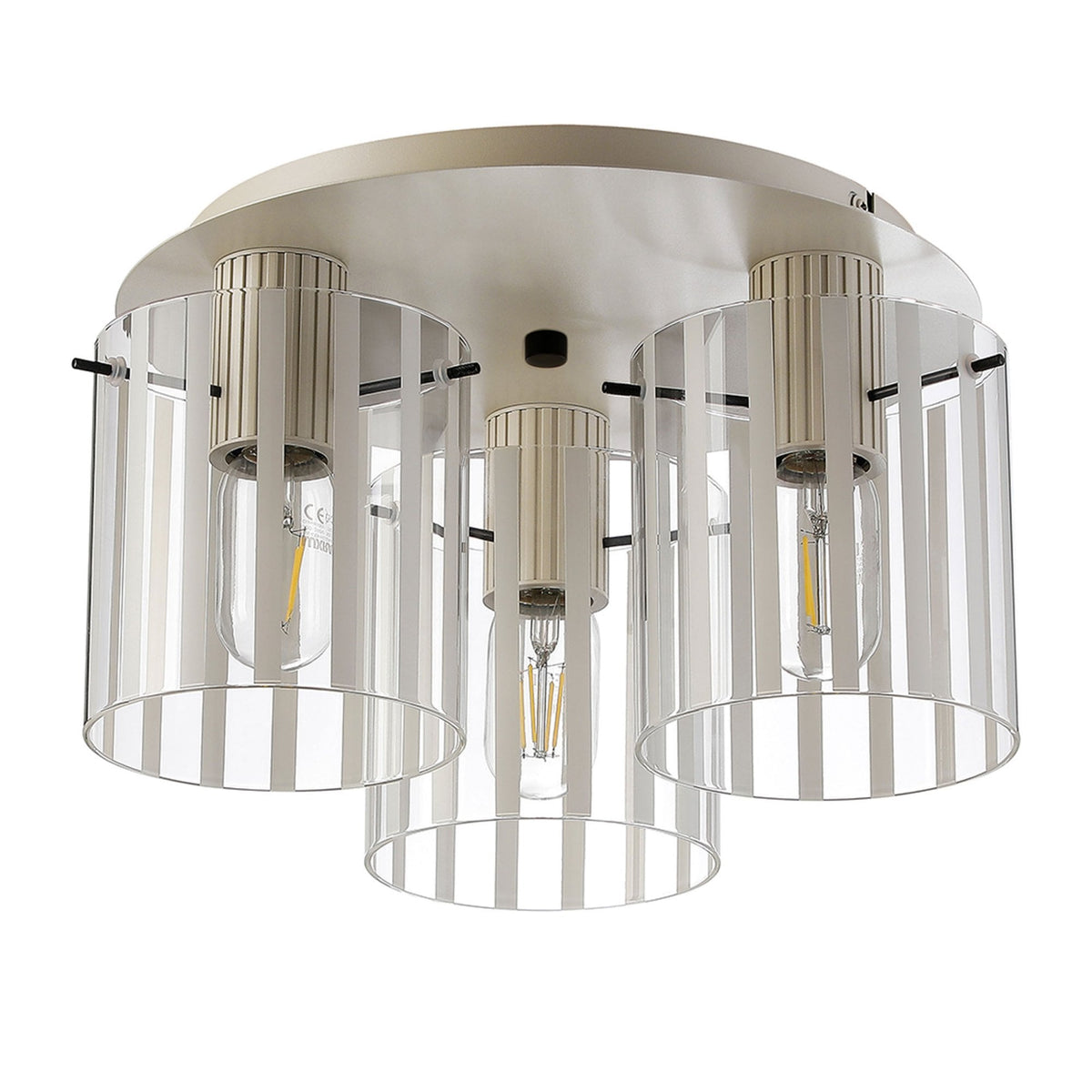 Belstone Wide Ribbed Triple Flush Round Ceiling Light in Beige Stone with Frosted & Clear Glass