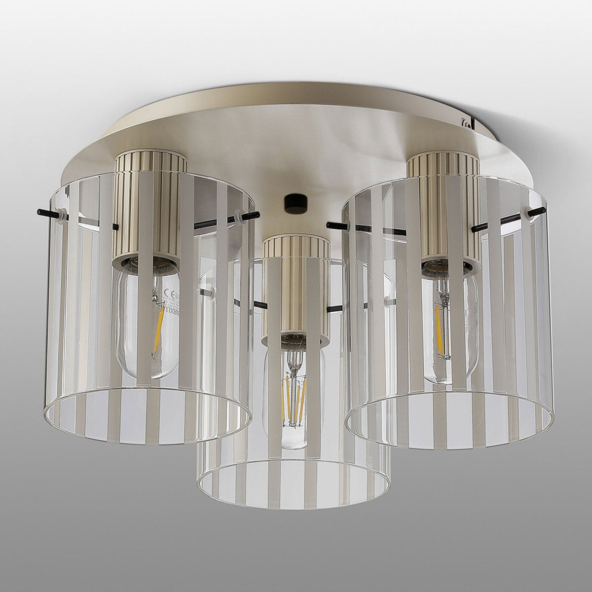 Belstone Wide Ribbed Triple Flush Round Ceiling Light in Beige Stone with Frosted & Clear Glass