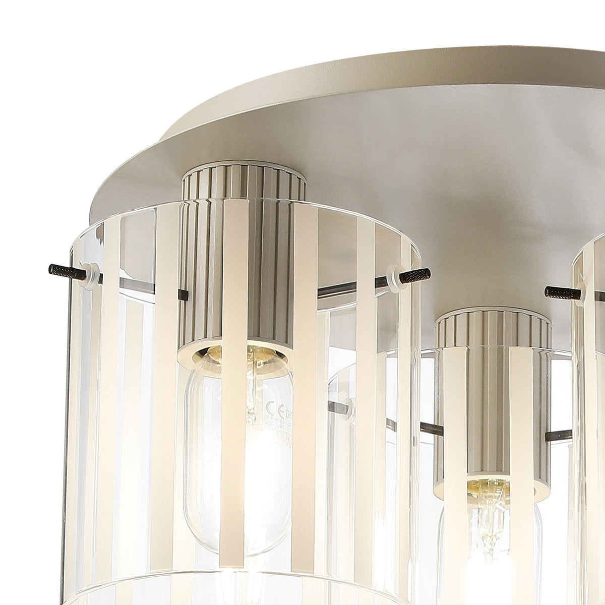 Belstone Wide Ribbed Triple Flush Round Ceiling Light in Beige Stone with Frosted & Clear Glass