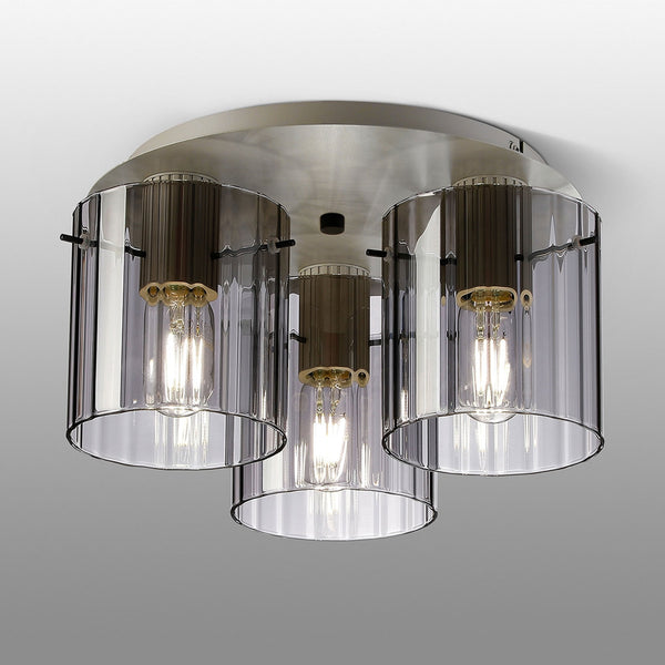 Belstone Wide Ribbed Triple Flush Round Ceiling Light in Beige Stone with Smoke Glass